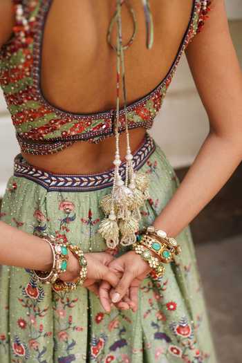 Buy_Aditi Gupta_Green Silk, Organza Sweetheart Neck Floral Print Lehenga Set _Online_at_Aza_Fashions