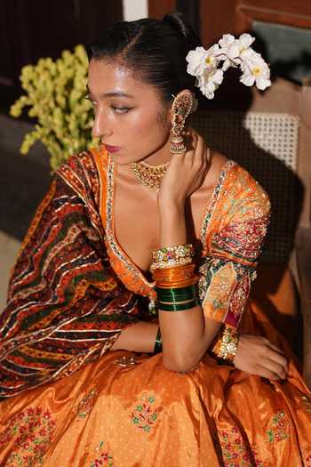 Aditi Gupta_Mustard Silk, Organza Round Neck Bandhani Print Lehenga Set _Online_at_Aza_Fashions