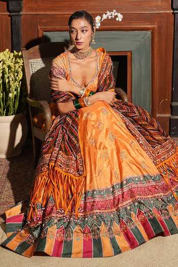 Buy_Aditi Gupta_Mustard Silk, Organza Round Neck Bandhani Print Lehenga Set _Online_at_Aza_Fashions