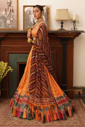 Shop_Aditi Gupta_Mustard Silk, Organza Round Neck Bandhani Print Lehenga Set _Online_at_Aza_Fashions