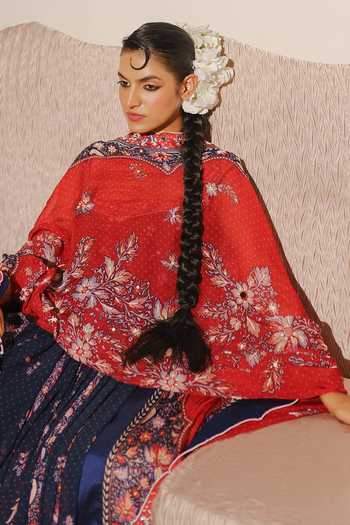 Aditi Gupta_Navy Georgette, Organza Square Neck Floral Print Anarkali With Dupatta _Online_at_Aza_Fashions