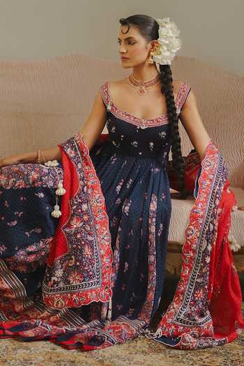 Buy_Aditi Gupta_Navy Georgette, Organza Square Neck Floral Print Anarkali With Dupatta _Online_at_Aza_Fashions