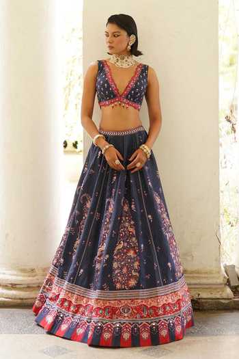 Shop_Aditi Gupta_Navy Silk, Organza V-neck Paisley Print Lehenga Blouse Set _Online_at_Aza_Fashions
