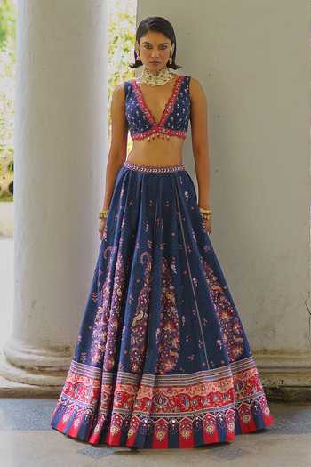 Aditi Gupta_Navy Silk, Organza V-neck Paisley Print Lehenga Blouse Set _at_Aza_Fashions