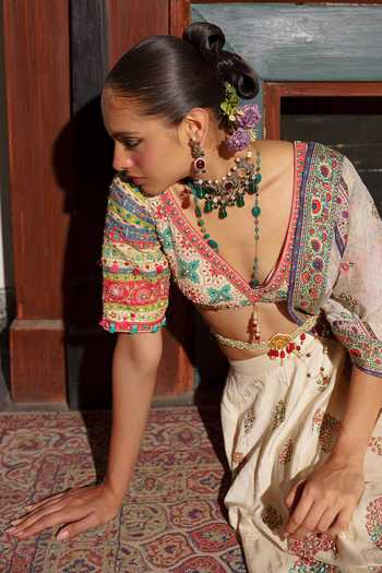 Shop Aditi Gupta Ivory Silk, Organza V-neck Embroidered Lehenga Set Online at Aza Fashions Shop_Aditi Gupta_Ivory Silk, Organza V-neck Embroidered Lehenga Set _Online_at_Aza_Fashions
