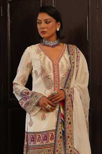 Aditi Gupta_Ivory Georgette, Silk, Organza V-neck Embroidered Short Kurta Sharara Set _Online_at_Aza_Fashions