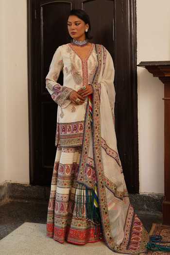 Buy_Aditi Gupta_Ivory Georgette, Silk, Organza V-neck Embroidered Short Kurta Sharara Set _Online_at_Aza_Fashions