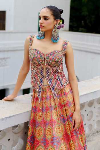 Aditi Gupta_Blue Organza Sequins, Pearls, Mirrors Sweetheart Neck Work Corset And Skirt Set _Online_at_Aza_Fashions