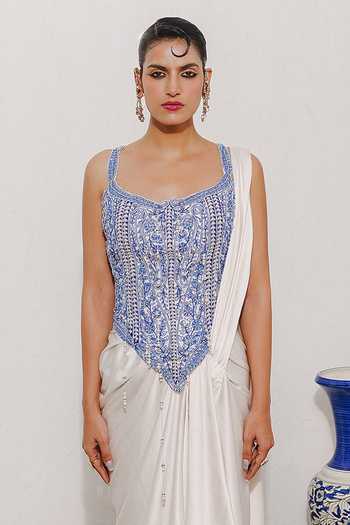 Aditi Gupta_Ivory Satin Pearls, Beads Pre-draped Saree With Dori Embroidered Corset _Online_at_Aza_Fashions