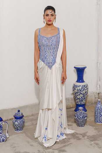 Shop_Aditi Gupta_Ivory Satin Pearls, Beads Pre-draped Saree With Dori Embroidered Corset _Online_at_Aza_Fashions