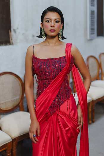 Aditi Gupta Red Satin, Crepe Sweetheart Pre-draped Saree With Cutdana Embroidered Corset Online at Aza Fashions Aditi Gupta_Red Satin, Crepe Sweetheart Pre-draped Saree With Cutdana Embroidered Corset _Online_at_Aza_Fashions
