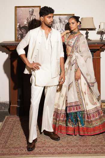 Shop Aditi Gupta Ivory Cotton, Silk, Dupion Printed Nehru Jacket And Kurta Set Online at Aza Fashions Shop_Aditi Gupta_Ivory Cotton, Silk, Dupion Printed Nehru Jacket And Kurta Set _Online_at_Aza_Fashions