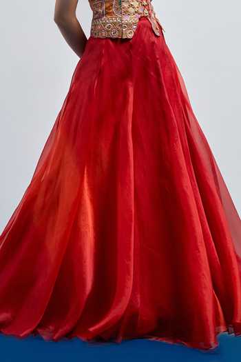 Aum By Asit And Ashima_Orange Silk, Organza Tassels V-neck Embroidered Corset With Skirt _Online_at_Aza_Fashions