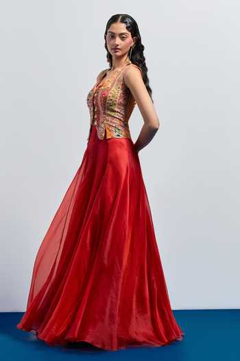 Buy_Aum By Asit And Ashima_Orange Silk, Organza Tassels V-neck Embroidered Corset With Skirt _Online_at_Aza_Fashions