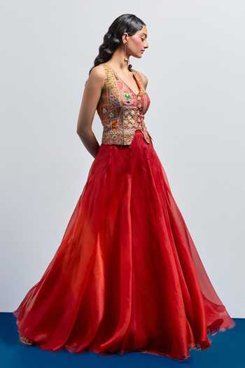 Shop_Aum By Asit And Ashima_Orange Silk, Organza Tassels V-neck Embroidered Corset With Skirt _Online_at_Aza_Fashions