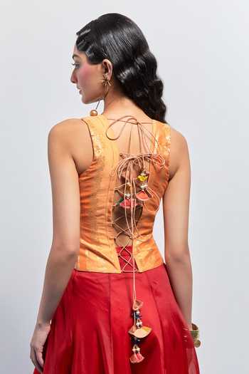 Aum By Asit And Ashima_Orange Silk, Organza Tassels V-neck Embroidered Corset With Skirt _at_Aza_Fashions
