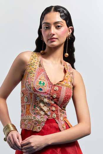 Buy_Aum By Asit And Ashima_Orange Silk, Organza Tassels V-neck Embroidered Corset With Skirt 