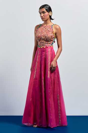 Aum By Asit And Ashima_Multi Color Organza Tassels, Pom-poms Halter Neck Embroidered Corset With Skirt _Online_at_Aza_Fashions