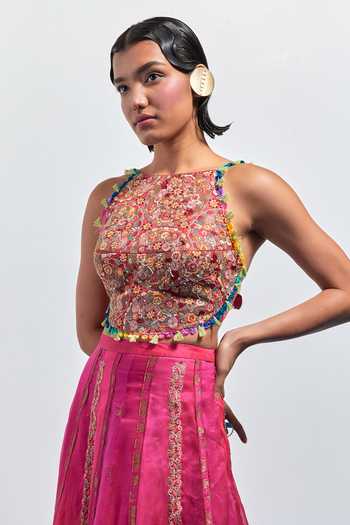 Buy_Aum By Asit And Ashima_Multi Color Organza Tassels, Pom-poms Halter Neck Embroidered Corset With Skirt _Online_at_Aza_Fashions