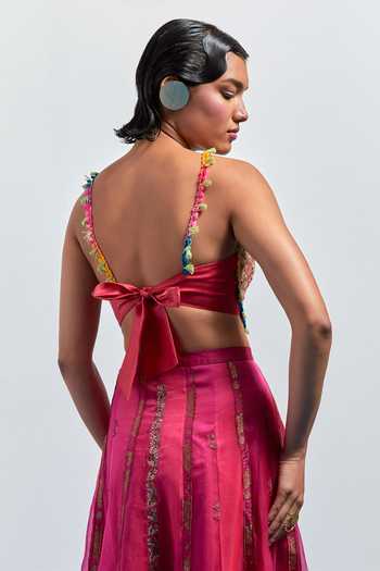 Shop_Aum By Asit And Ashima_Multi Color Organza Tassels, Pom-poms Halter Neck Embroidered Corset With Skirt _Online_at_Aza_Fashions