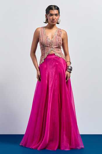 Aum By Asit And Ashima Hot Pink Embroidered Corset & Skirt Set 