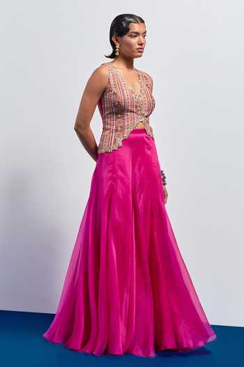 Aum By Asit And Ashima Fuchsia Silk, Organza Beads, Zari Plunge Hot Pink Embroidered Corset And Skirt Set Online at Aza Fashions Aum By Asit And Ashima_Fuchsia Silk, Organza Beads, Zari Plunge Hot Pink Embroidered Corset And Skirt Set _Online_at_Aza_Fashions