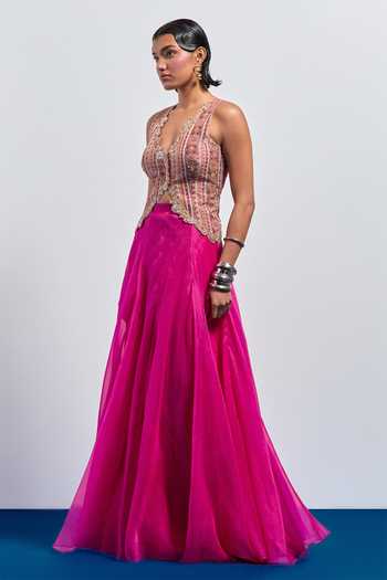 Buy Aum By Asit And Ashima Fuchsia Silk, Organza Beads, Zari Plunge Hot Pink Embroidered Corset And Skirt Set Online at Aza Fashions Buy_Aum By Asit And Ashima_Fuchsia Silk, Organza Beads, Zari Plunge Hot Pink Embroidered Corset And Skirt Set _Online_at_Aza_Fashions