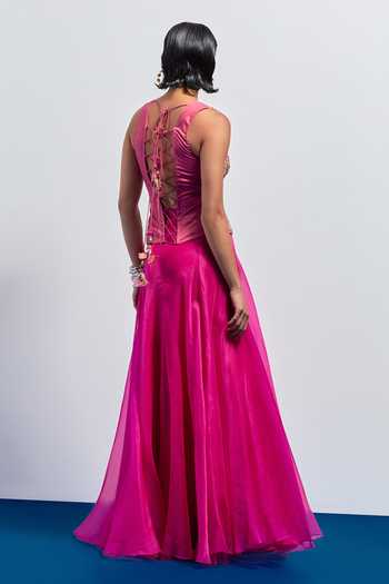 Aum By Asit And Ashima Hot Pink Embroidered Corset & Skirt Set 