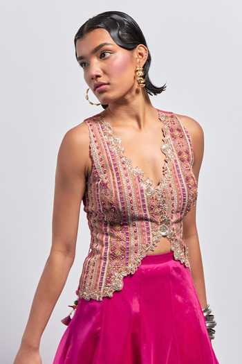 Aum By Asit And Ashima Fuchsia Silk, Organza Beads, Zari Plunge Hot Pink Embroidered Corset And Skirt Set at Aza Fashions Aum By Asit And Ashima_Fuchsia Silk, Organza Beads, Zari Plunge Hot Pink Embroidered Corset And Skirt Set _at_Aza_Fashions