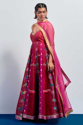 Aum By Asit And Ashima Wine Silk, Organza Sweetheart Neck Embroidered Anarkali With Dupatta Online at Aza Fashions Aum By Asit And Ashima_Wine Silk, Organza Sweetheart Neck Embroidered Anarkali With Dupatta _Online_at_Aza_Fashions