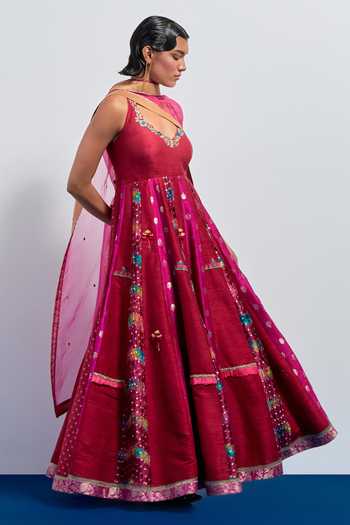 Buy Aum By Asit And Ashima Wine Silk, Organza Sweetheart Neck Embroidered Anarkali With Dupatta Online at Aza Fashions Buy_Aum By Asit And Ashima_Wine Silk, Organza Sweetheart Neck Embroidered Anarkali With Dupatta _Online_at_Aza_Fashions