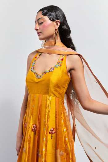 Aum By Asit And Ashima Yellow Organza Halter Neck Resham Embroidered Anarkali With Dupatta Online at Aza Fashions Aum By Asit And Ashima_Yellow Organza Halter Neck Resham Embroidered Anarkali With Dupatta _Online_at_Aza_Fashions