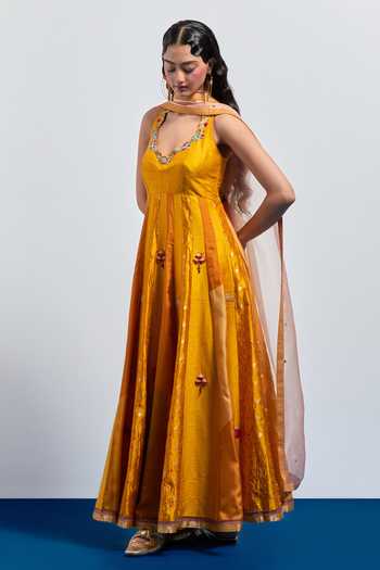 Buy Aum By Asit And Ashima Yellow Organza Halter Neck Resham Embroidered Anarkali With Dupatta Online at Aza Fashions Buy_Aum By Asit And Ashima_Yellow Organza Halter Neck Resham Embroidered Anarkali With Dupatta _Online_at_Aza_Fashions