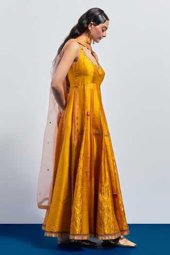 Shop Aum By Asit And Ashima Yellow Organza Halter Neck Resham Embroidered Anarkali With Dupatta Online at Aza Fashions Shop_Aum By Asit And Ashima_Yellow Organza Halter Neck Resham Embroidered Anarkali With Dupatta _Online_at_Aza_Fashions