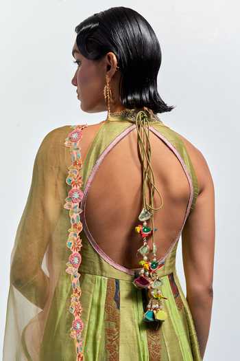 Aum By Asit And Ashima Green Silk, Organza, Brocade Sweetheart Hand Embroidered Anarkali With Dupatta at Aza Fashions Aum By Asit And Ashima_Green Silk, Organza, Brocade Sweetheart Hand Embroidered Anarkali With Dupatta _at_Aza_Fashions