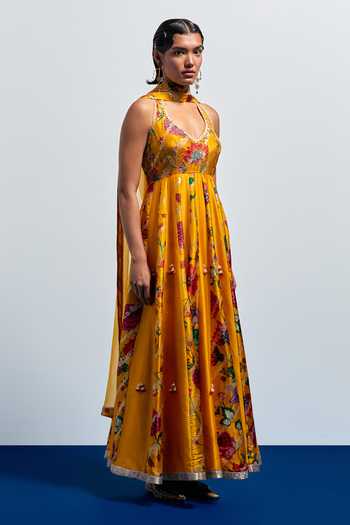 Aum By Asit And Ashima Yellow Silk Sweetheart , Halter Floral Print Anarkali With Dupatta Online at Aza Fashions Aum By Asit And Ashima_Yellow Silk Sweetheart , Halter Floral Print Anarkali With Dupatta _Online_at_Aza_Fashions