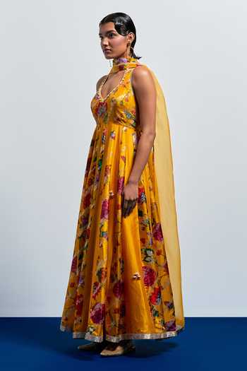 Buy Aum By Asit And Ashima Yellow Silk Sweetheart , Halter Floral Print Anarkali With Dupatta Online at Aza Fashions Buy_Aum By Asit And Ashima_Yellow Silk Sweetheart , Halter Floral Print Anarkali With Dupatta _Online_at_Aza_Fashions