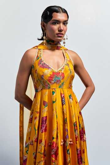 Shop Aum By Asit And Ashima Yellow Silk Sweetheart , Halter Floral Print Anarkali With Dupatta Online at Aza Fashions Shop_Aum By Asit And Ashima_Yellow Silk Sweetheart , Halter Floral Print Anarkali With Dupatta _Online_at_Aza_Fashions
