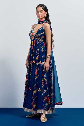 Aum By Asit And Ashima Blue Silk Sweetheart Neck Printed Anarkali With Dupatta Online at Aza Fashions Aum By Asit And Ashima_Blue Silk Sweetheart Neck Printed Anarkali With Dupatta _Online_at_Aza_Fashions