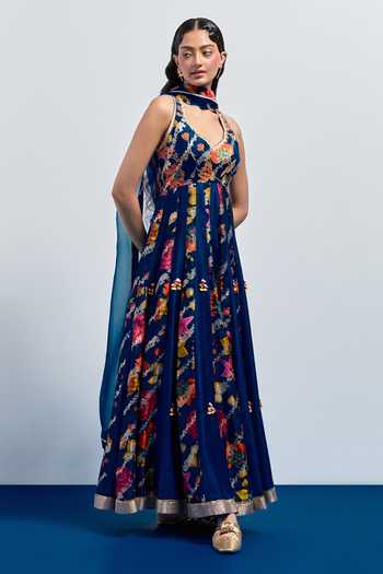 Buy Aum By Asit And Ashima Blue Silk Sweetheart Neck Printed Anarkali With Dupatta Online at Aza Fashions Buy_Aum By Asit And Ashima_Blue Silk Sweetheart Neck Printed Anarkali With Dupatta _Online_at_Aza_Fashions