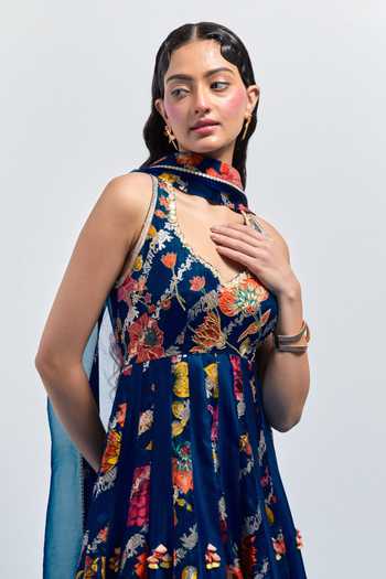 Shop Aum By Asit And Ashima Blue Silk Sweetheart Neck Printed Anarkali With Dupatta Online at Aza Fashions Shop_Aum By Asit And Ashima_Blue Silk Sweetheart Neck Printed Anarkali With Dupatta _Online_at_Aza_Fashions