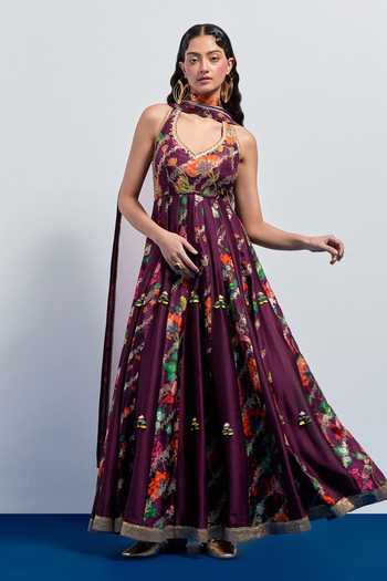 Aum By Asit And Ashima_Purple Silk Halter Neck Printed Anarkali And Dupatta Set _Online_at_Aza_Fashions