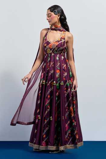 Buy_Aum By Asit And Ashima_Purple Silk Halter Neck Printed Anarkali And Dupatta Set _Online_at_Aza_Fashions