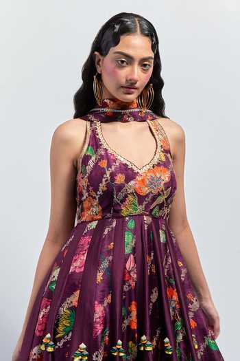 Shop_Aum By Asit And Ashima_Purple Silk Halter Neck Printed Anarkali And Dupatta Set _Online_at_Aza_Fashions