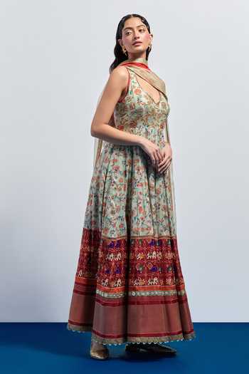 Aum By Asit And Ashima Green Chanderi Silk Halter Neck Block Print Anarkali With Dupatta Online at Aza Fashions Aum By Asit And Ashima_Green Chanderi Silk Halter Neck Block Print Anarkali With Dupatta _Online_at_Aza_Fashions