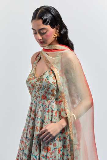 Shop Aum By Asit And Ashima Green Chanderi Silk Halter Neck Block Print Anarkali With Dupatta Online at Aza Fashions Shop_Aum By Asit And Ashima_Green Chanderi Silk Halter Neck Block Print Anarkali With Dupatta _Online_at_Aza_Fashions