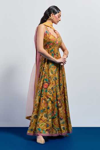 Aum By Asit And Ashima_Yellow Silk Halter Neck Paisley Print Anarkali With Dupatta _Online_at_Aza_Fashions