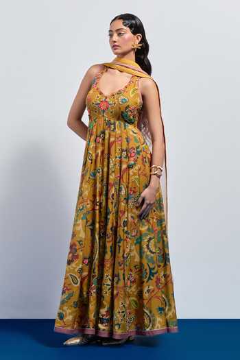 Buy_Aum By Asit And Ashima_Yellow Silk Halter Neck Paisley Print Anarkali With Dupatta _Online_at_Aza_Fashions