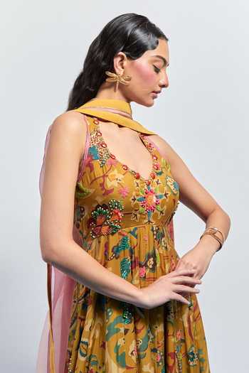 Shop_Aum By Asit And Ashima_Yellow Silk Halter Neck Paisley Print Anarkali With Dupatta _Online_at_Aza_Fashions
