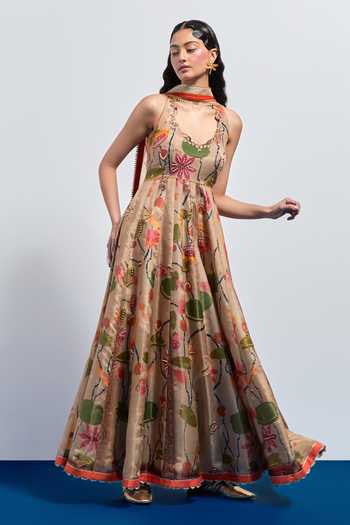 Aum By Asit And Ashima Beige Silk Halter Neck Printed Anarkali And Dupatta Online at Aza Fashions Aum By Asit And Ashima_Beige Silk Halter Neck Printed Anarkali And Dupatta _Online_at_Aza_Fashions